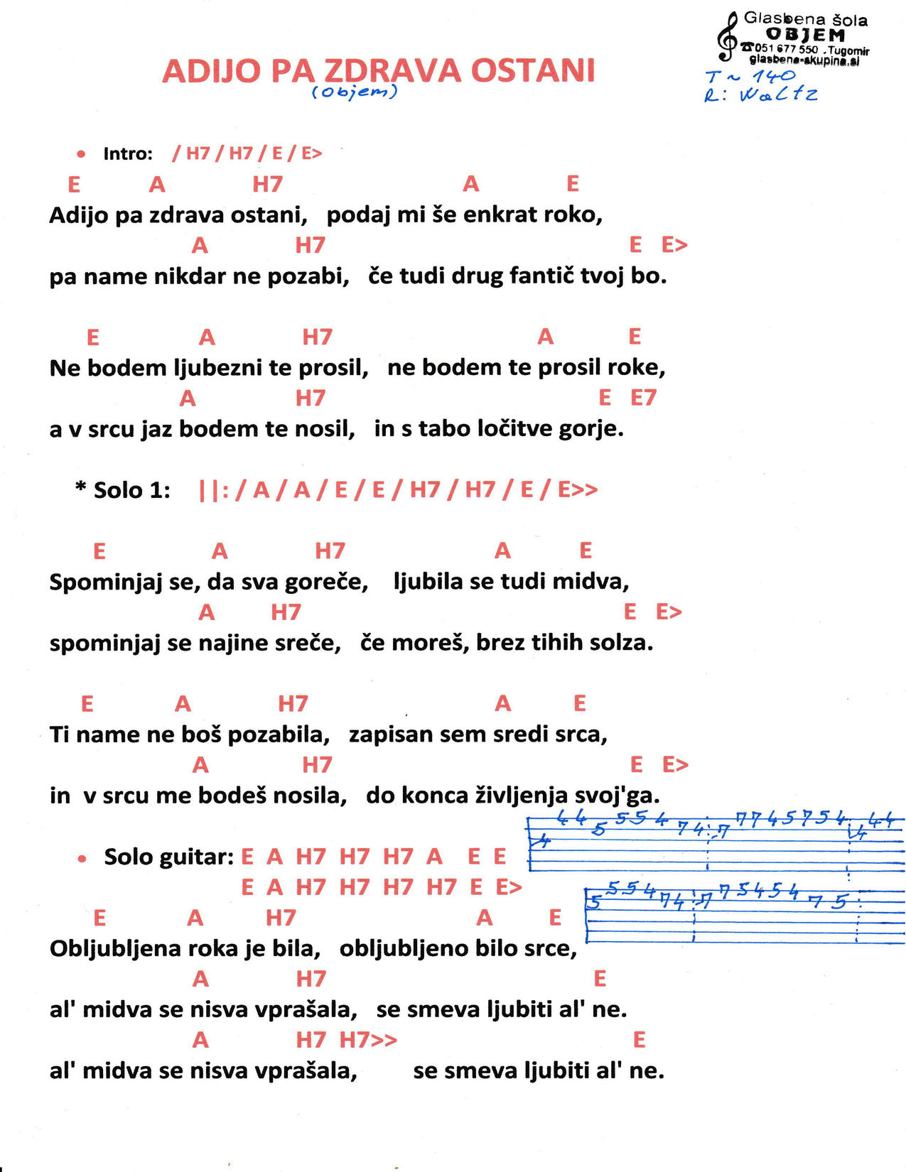 ADIJO (Adio) PA ZDRAVA OSTANI – Objem akordi in besedilo