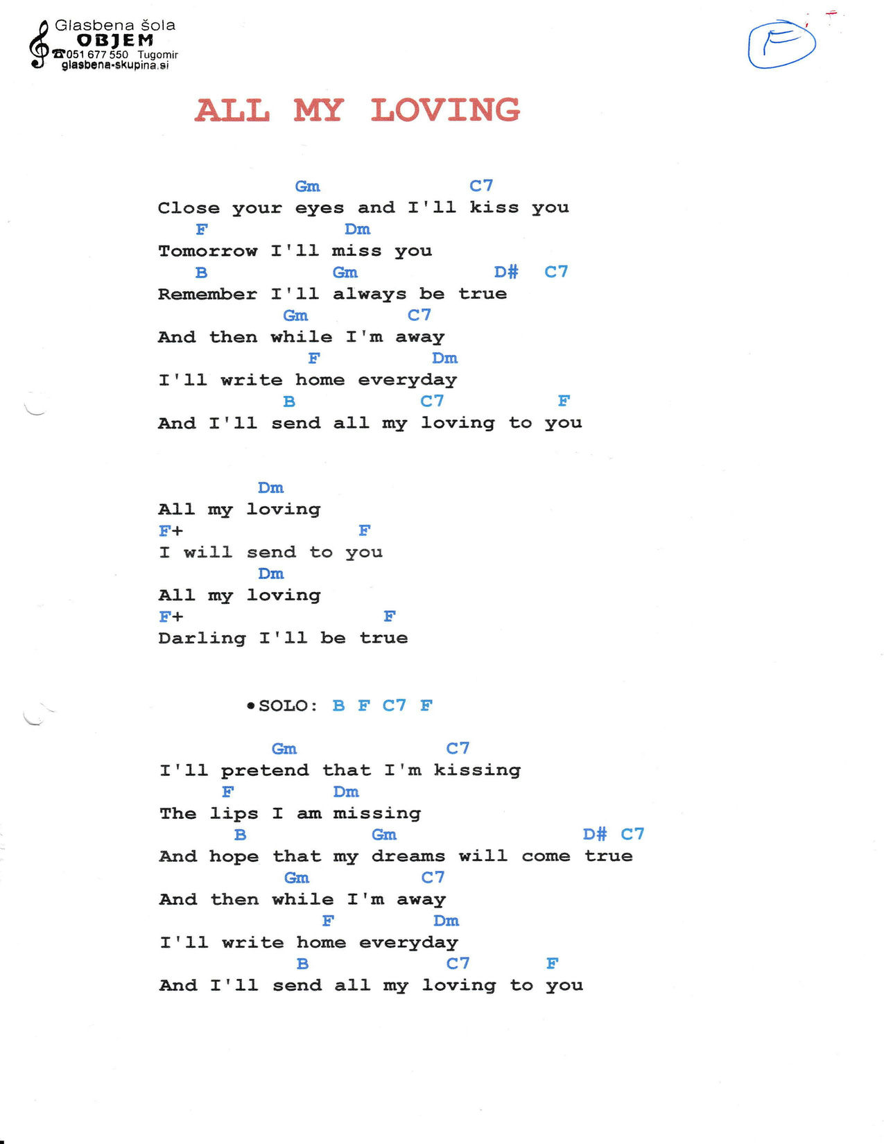 ALL MY LOVING – The Beatles akordi in besedilo