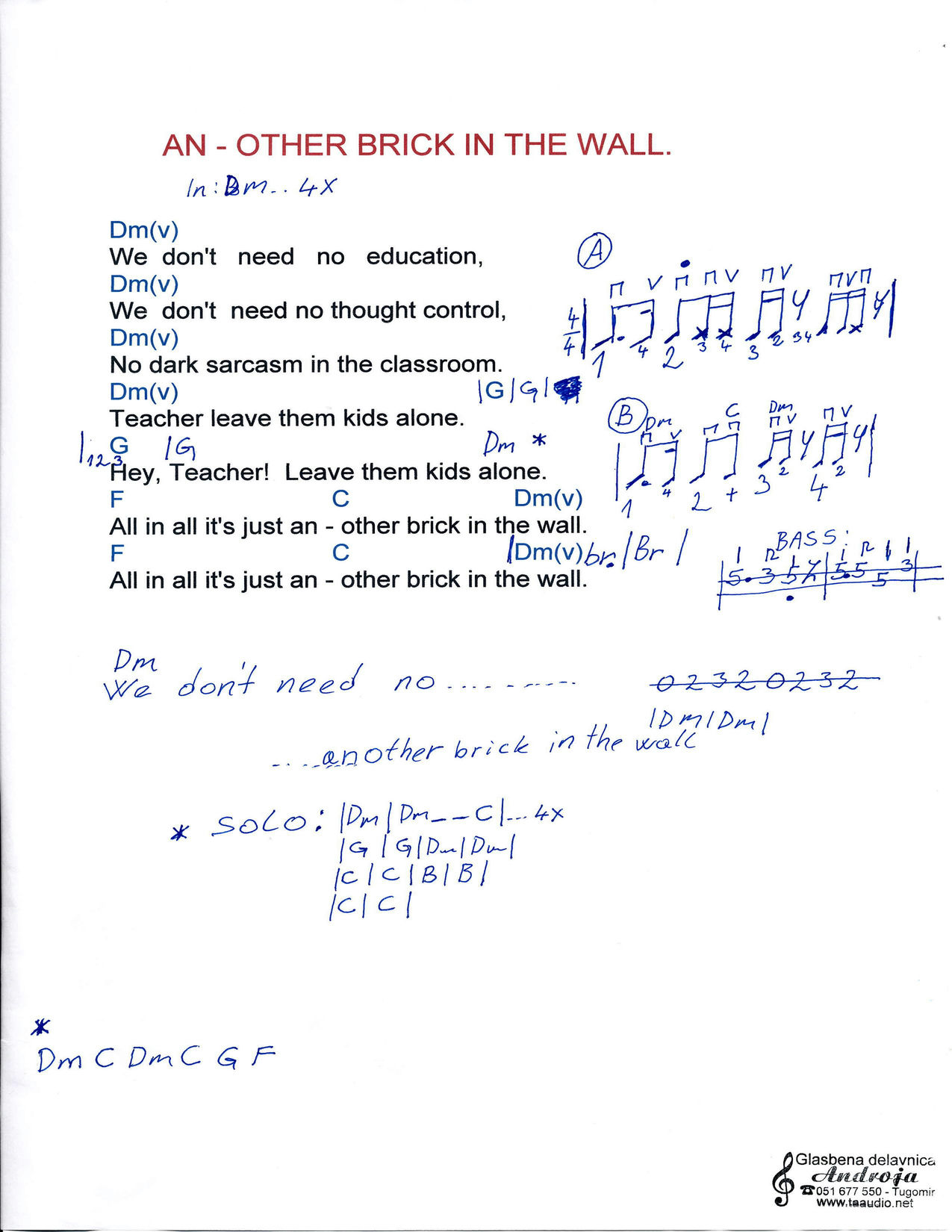 Another Brick In The Wall – Pink Floyd akordi in besedilo