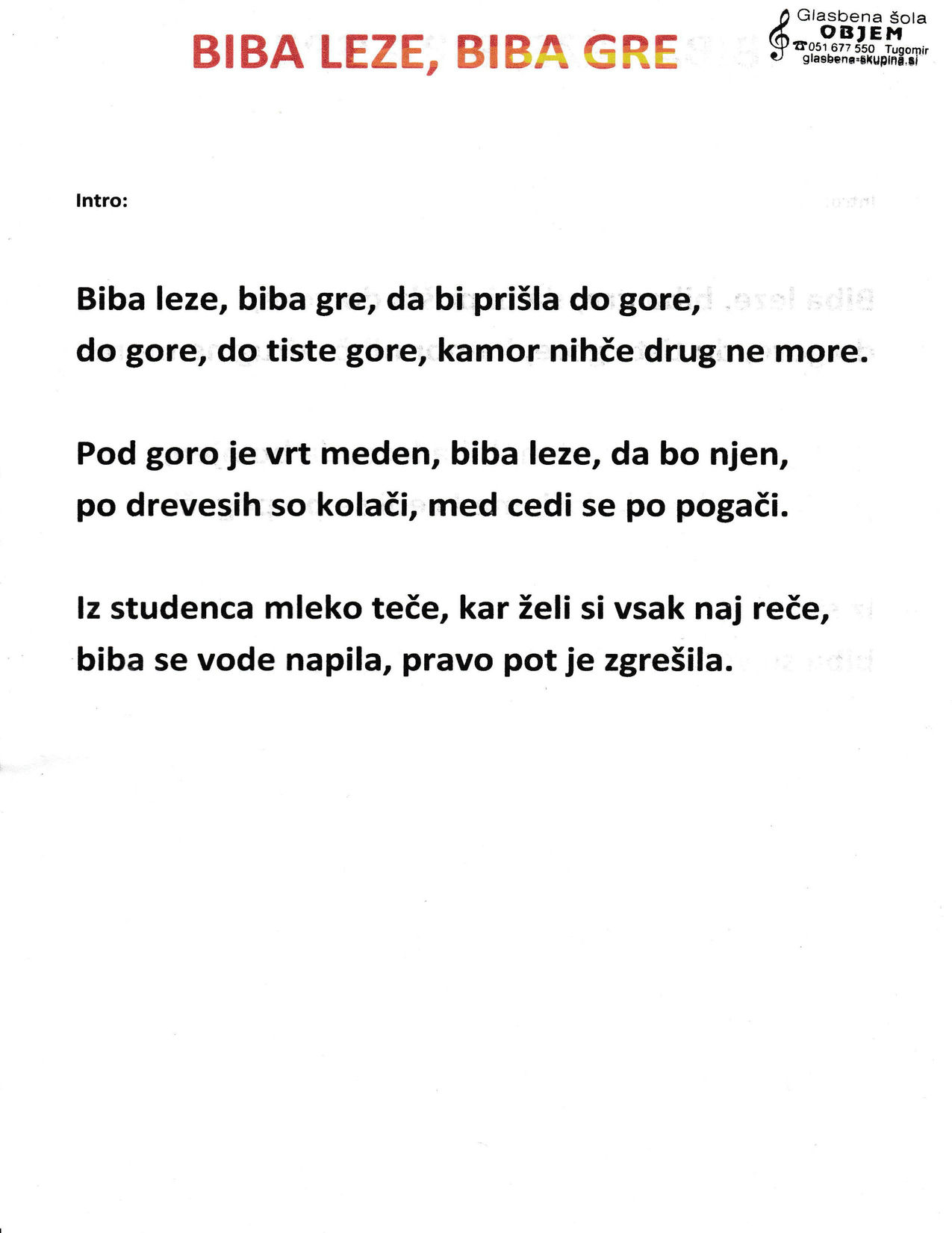 Biba leze – Objem akordi in besedilo