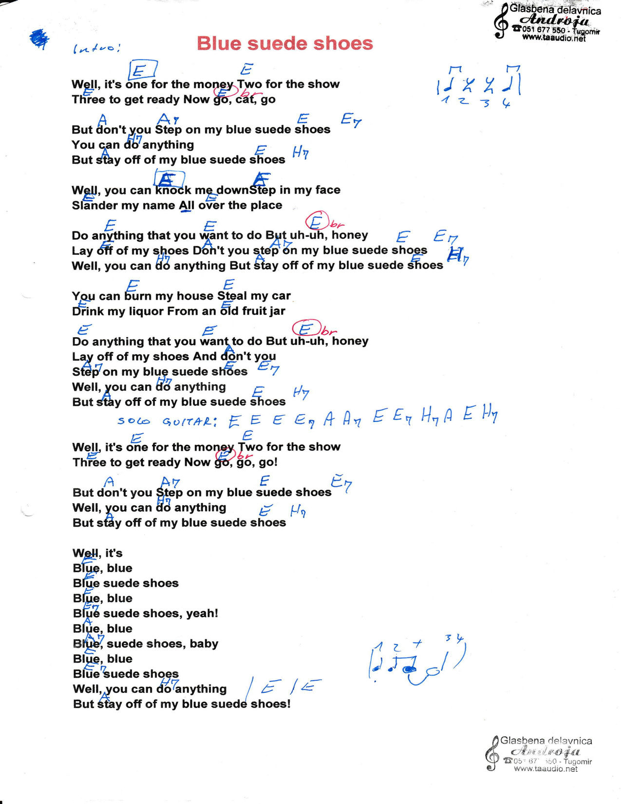 BLUE SUEDE SHOES – Elvis Presley akordi in besedilo