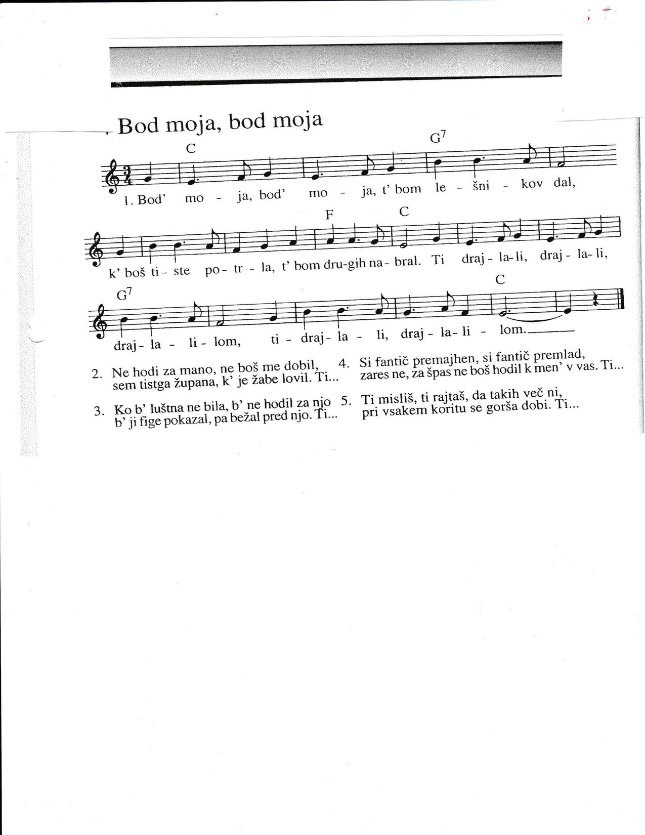 BOD MOJA BOD MOJA – Slovenska ljudska akordi in besedilo