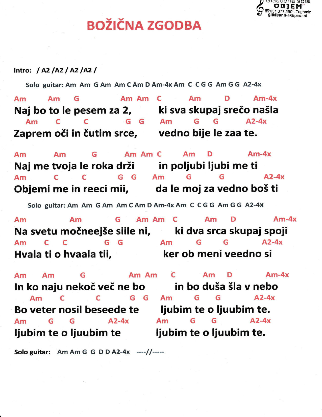 PESEM ZA 2 – Objem band akordi in besedilo