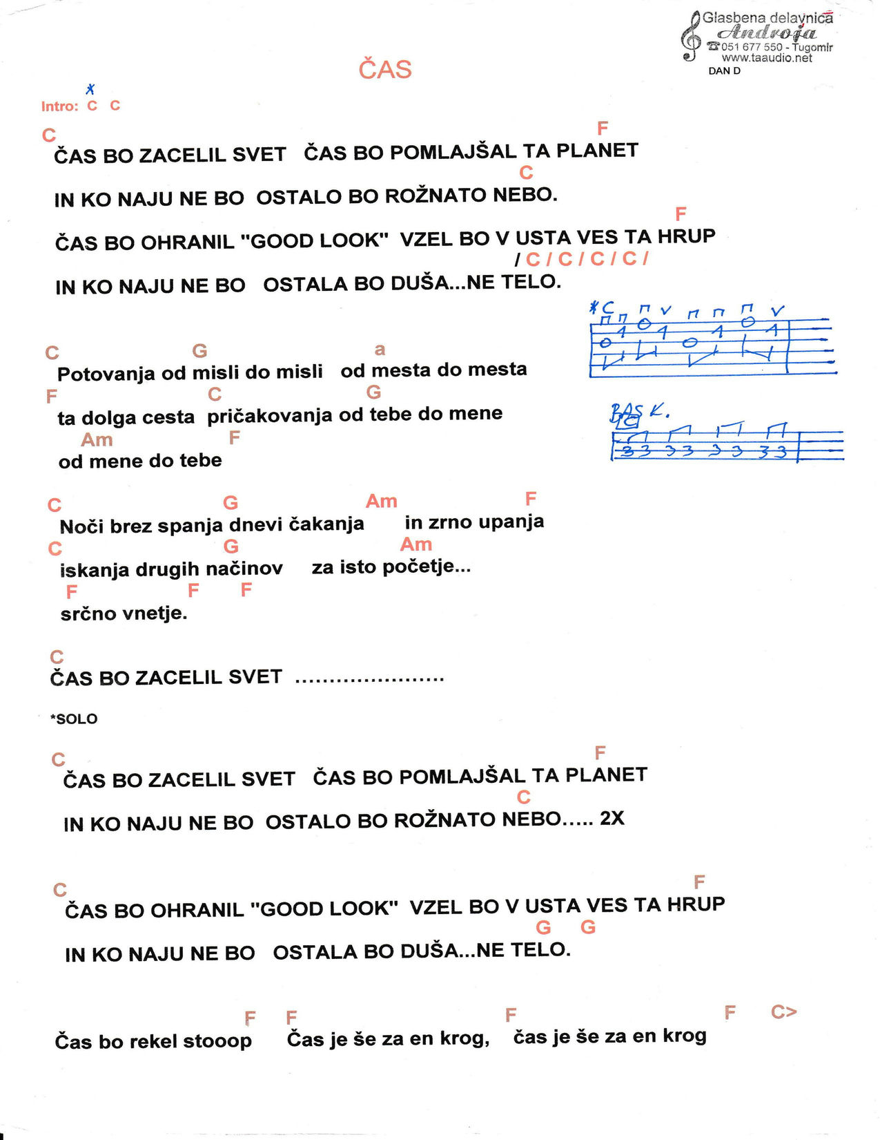 ČAS (C dur) – Dan d akordi in besedilo