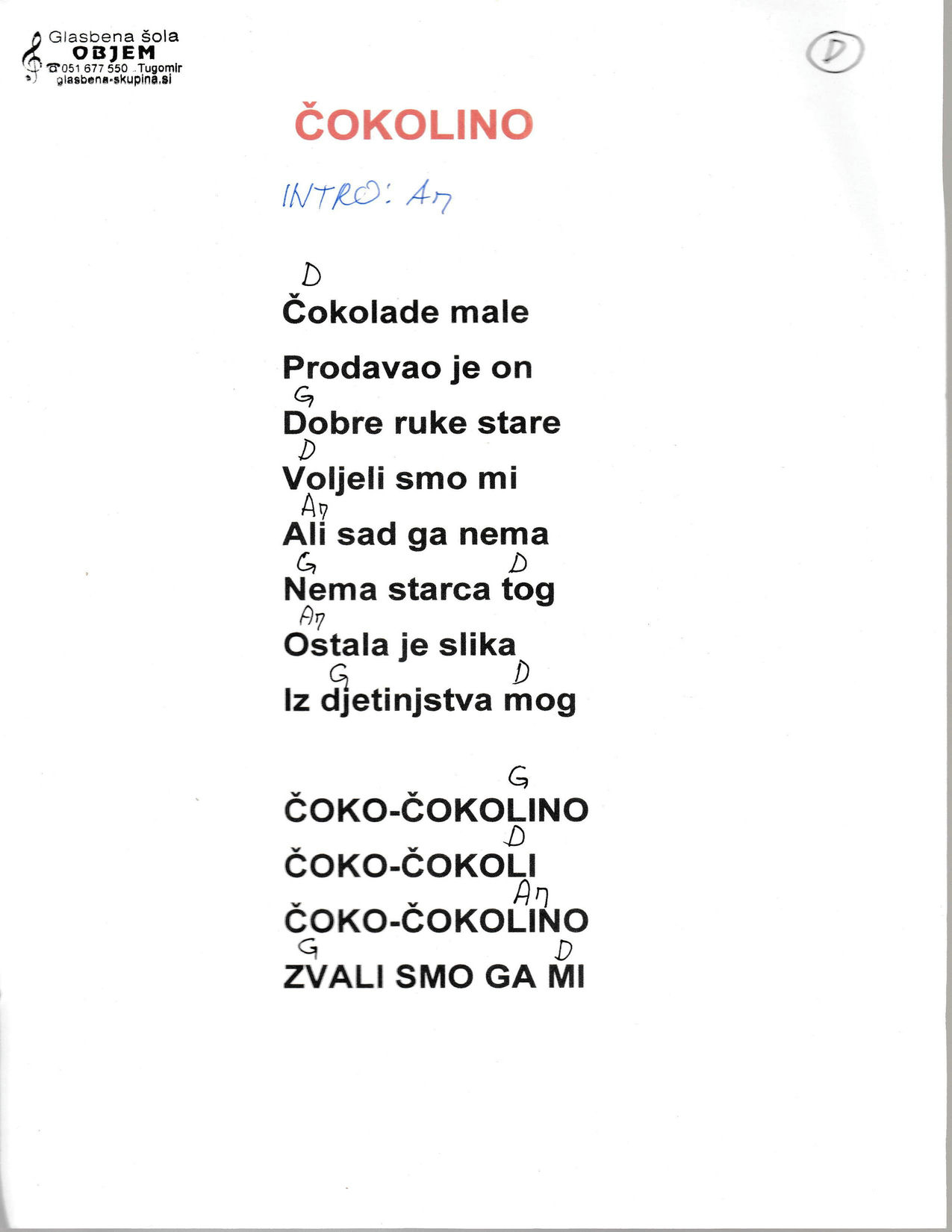 ČOKOLINO – Pro Arte akordi in besedilo