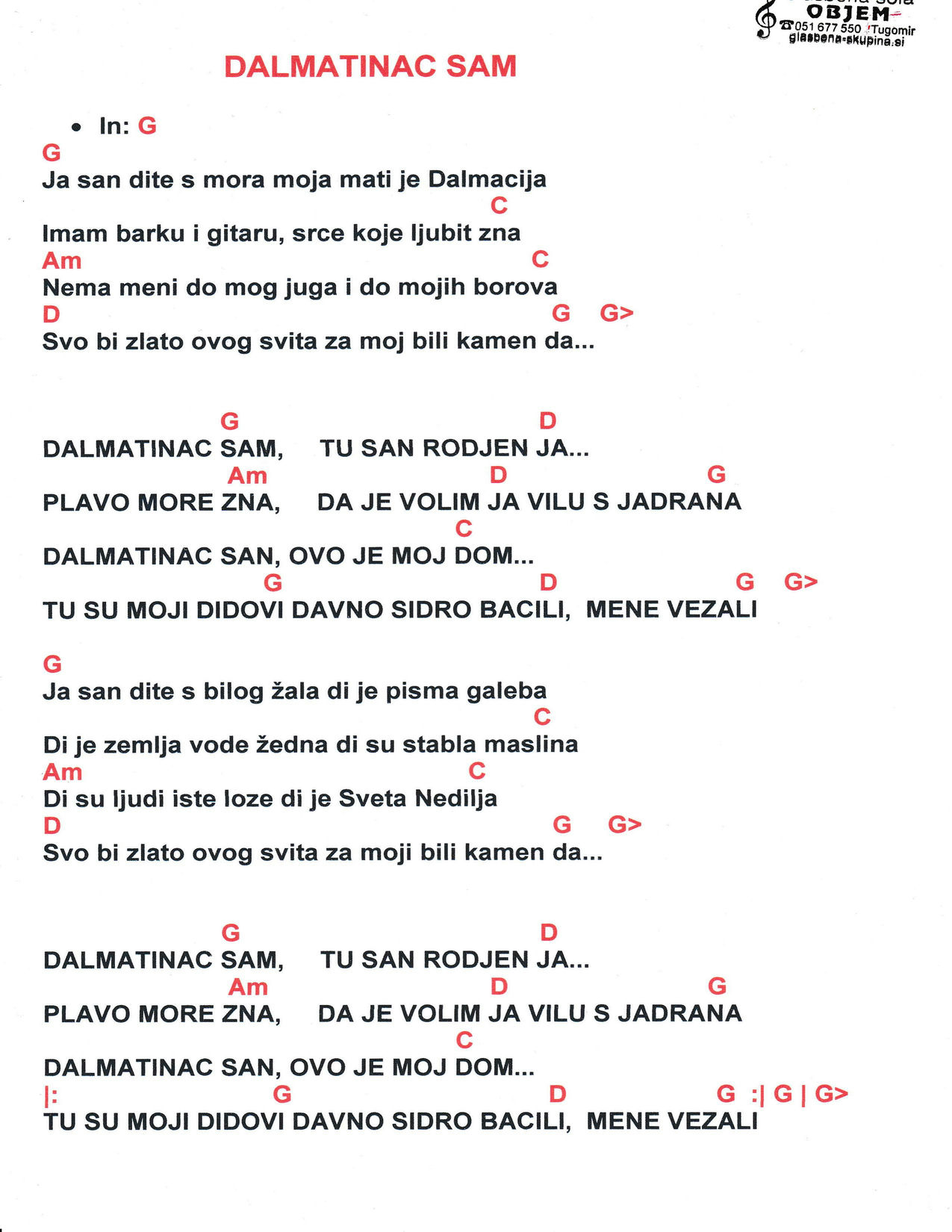 DALMATINAC SAM - G (Ja sam dite s mora) – Mladen Grdović akordi in besedilo