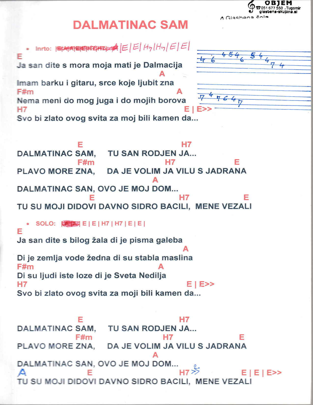 DALMATINAC SAM (E dur) – Mladen Grdović akordi in besedilo