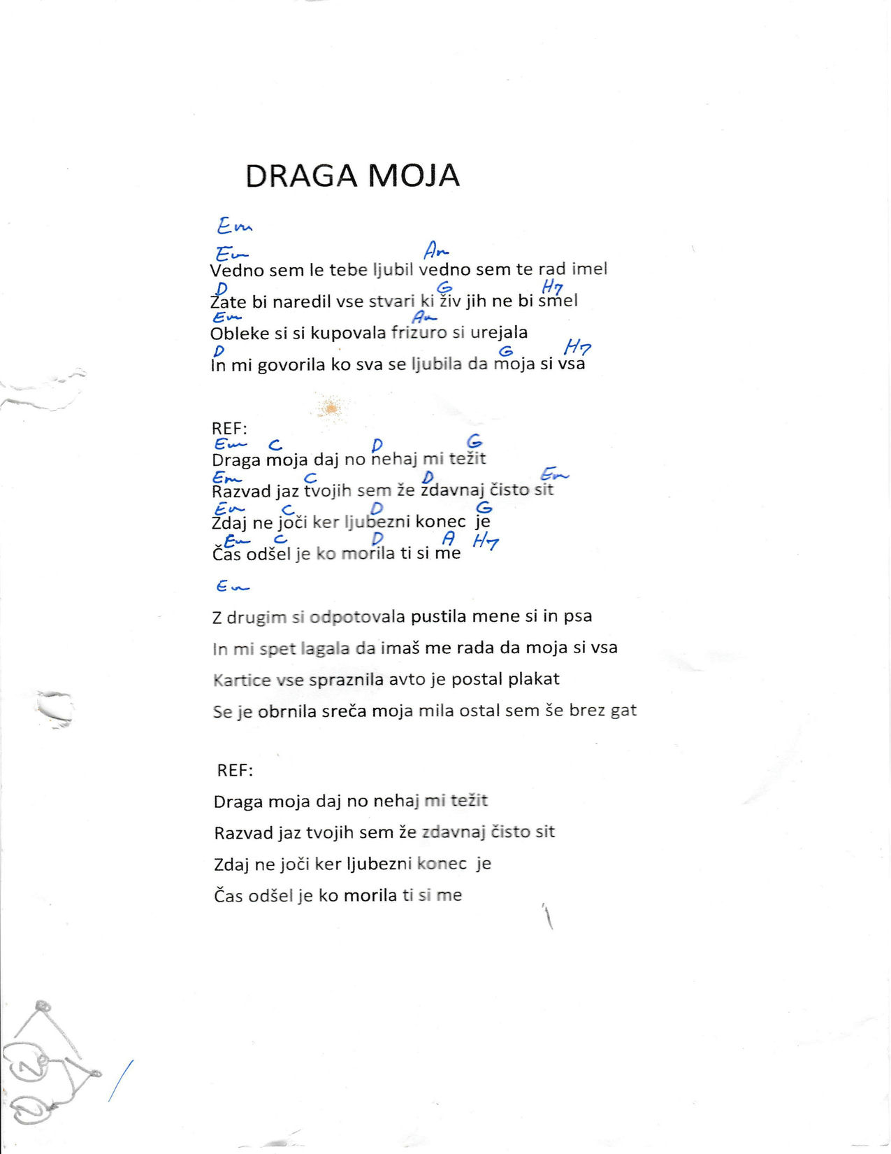 DRAGA MOJA – Objem akordi in besedilo