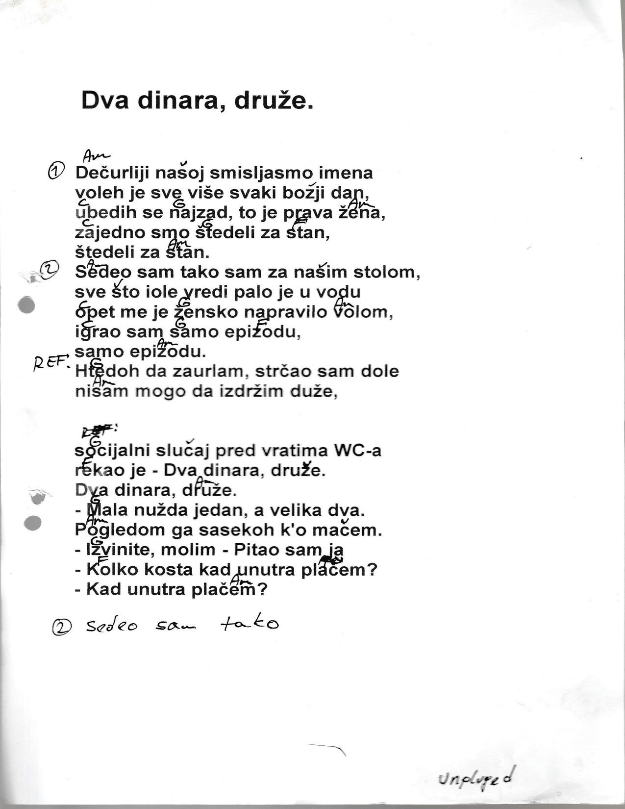 DVA DINARA DRUŽE – Riblja Čorba akordi in besedilo