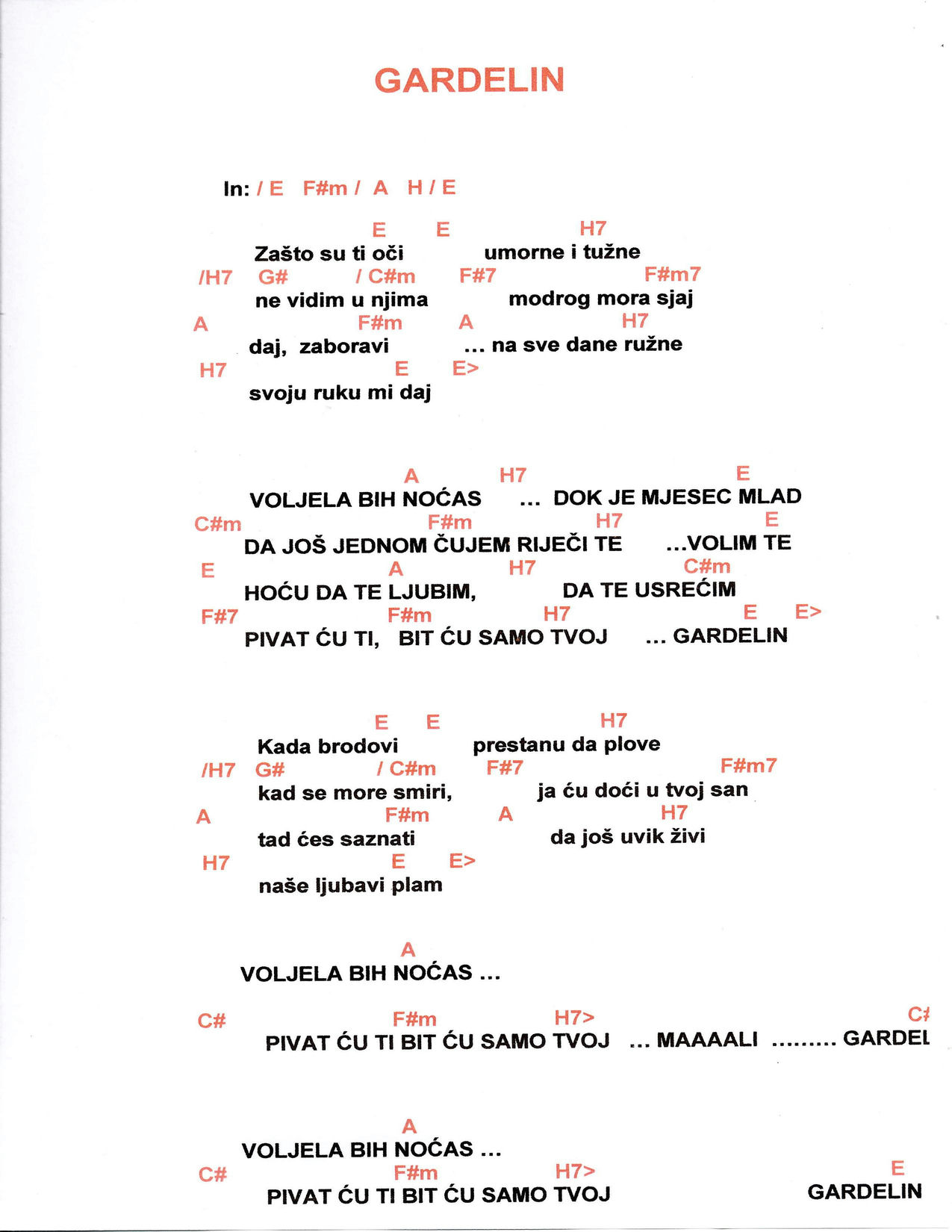 GARDELIN – Severina akordi in besedilo
