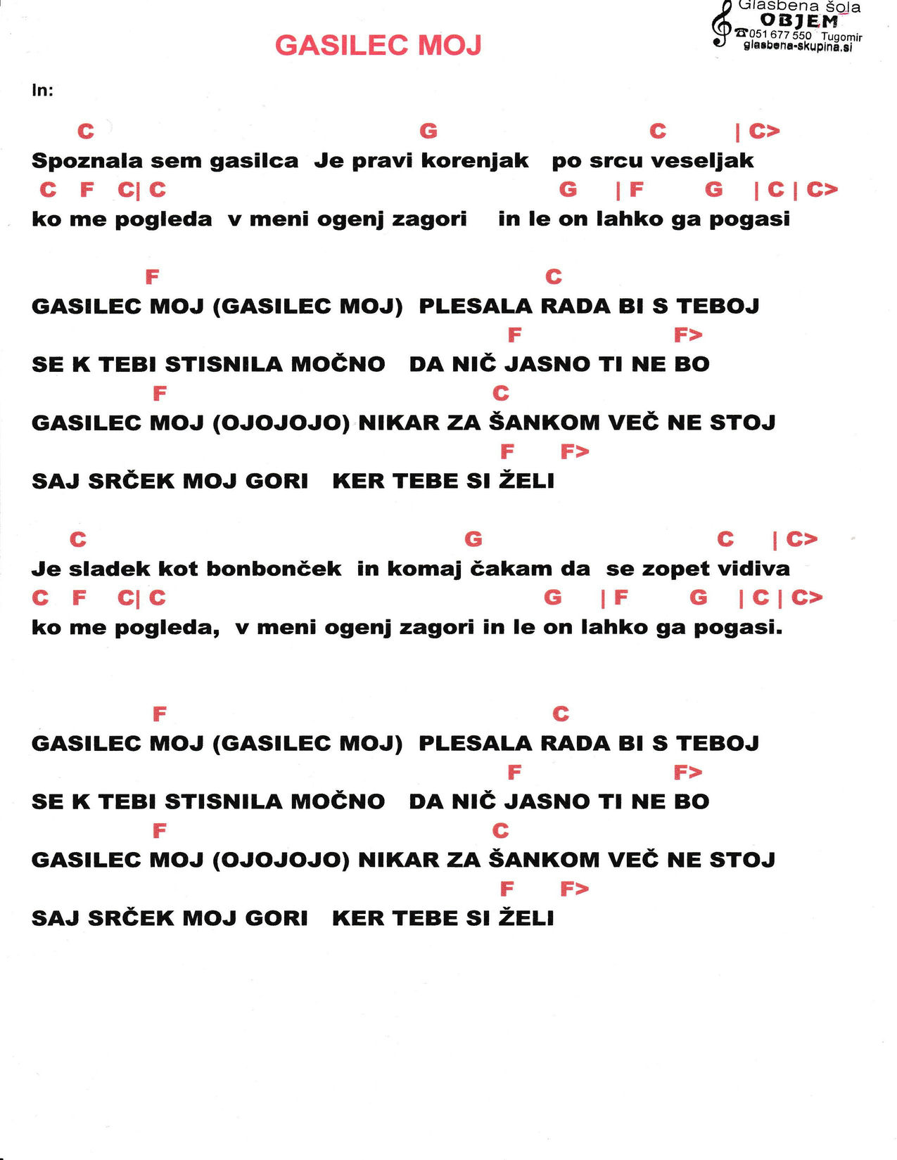 GASILEC MOJ – Navihanke akordi in besedilo