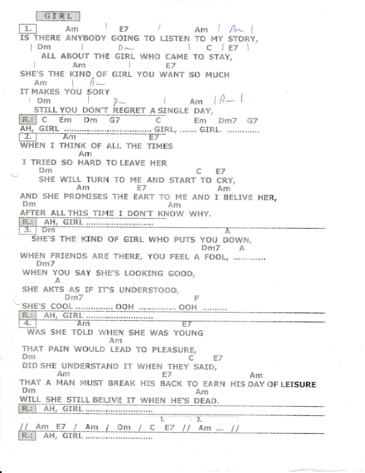 GIRL – The Beatles akordi in besedilo