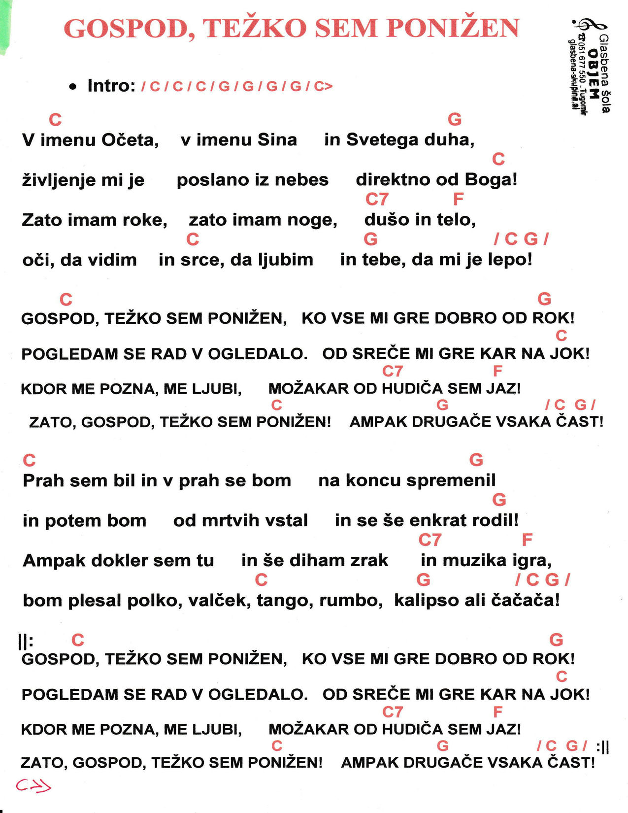 GOSPOD TEŽKO SEM PONIŽEN – Magnifico akordi in besedilo