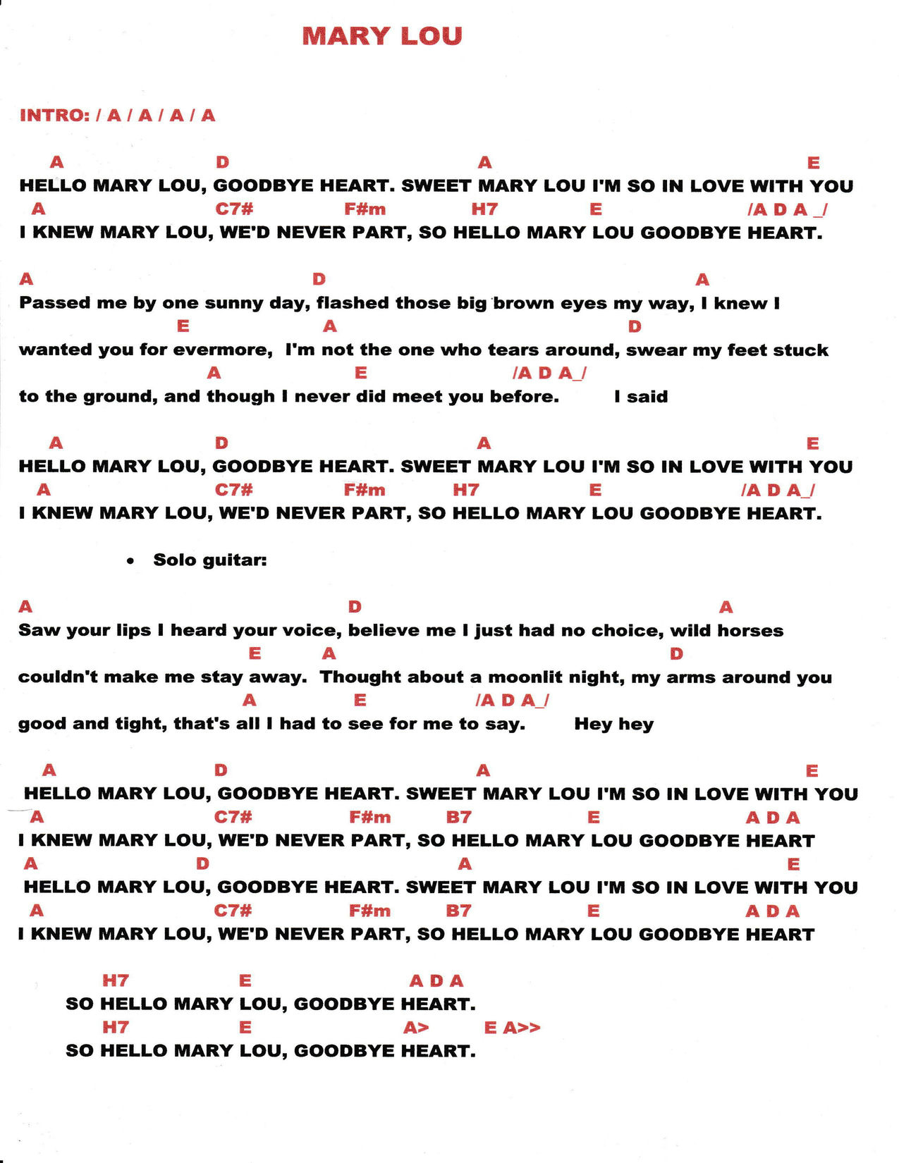HELLO MARY LOU – Ricky Nelson akordi in besedilo