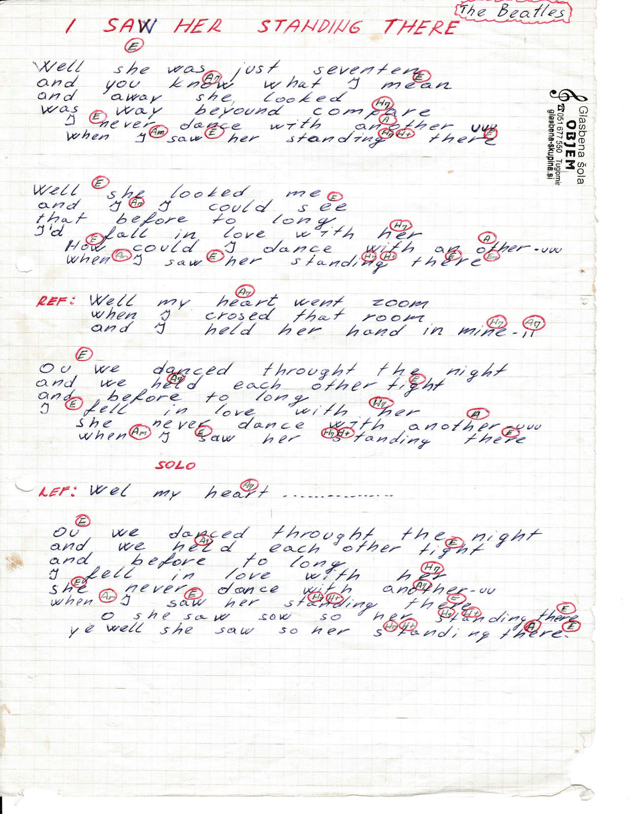 I SAW HER STANDING THERE – The Beatles akordi in besedilo