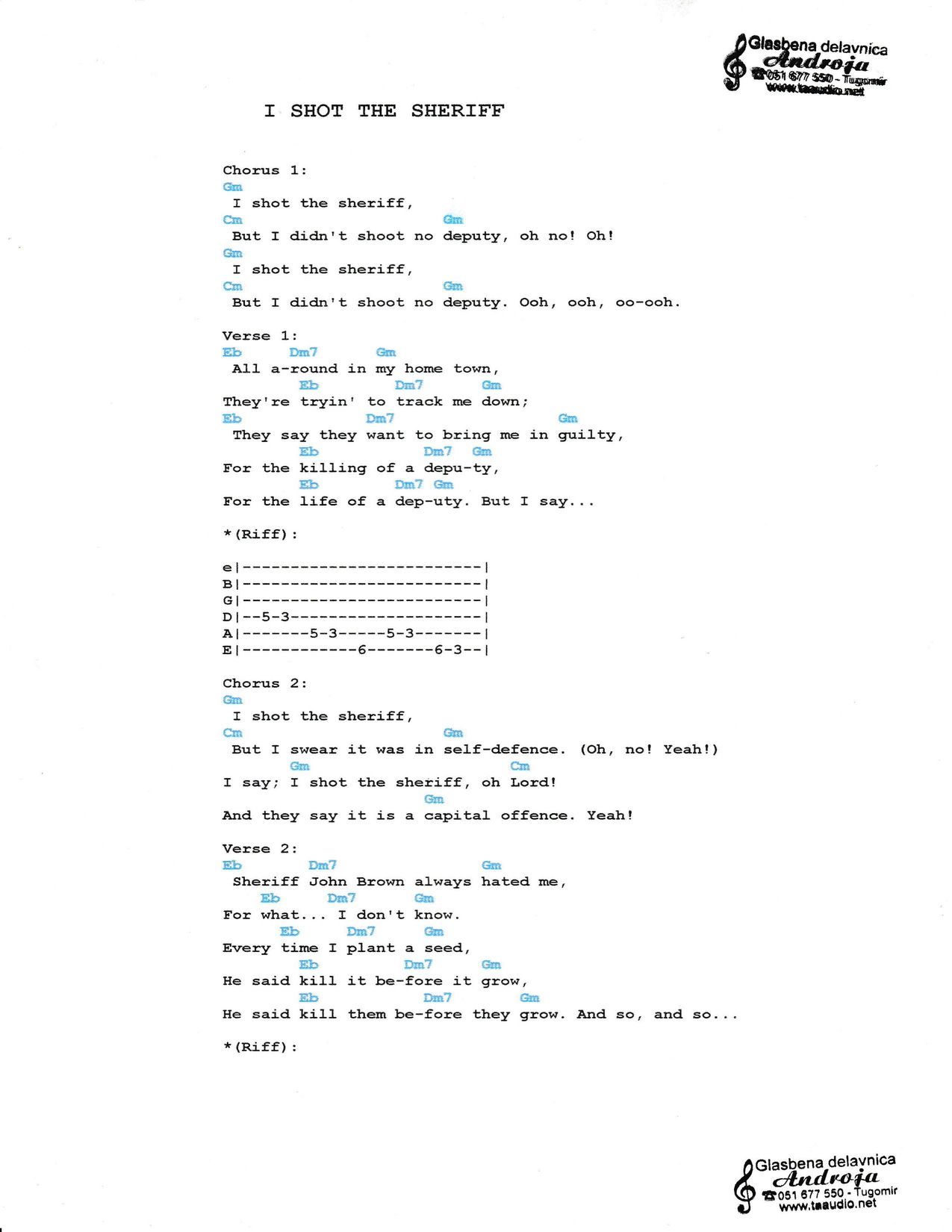 I SHOT THE SHERRIF – Eric Clapton akordi in besedilo