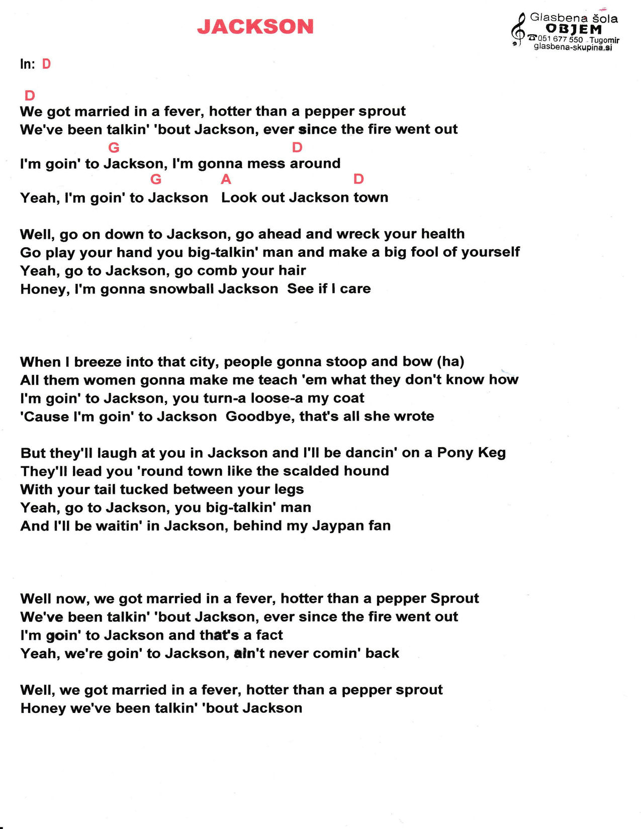 JACKSON – Johnny Cash & June Carter akordi in besedilo