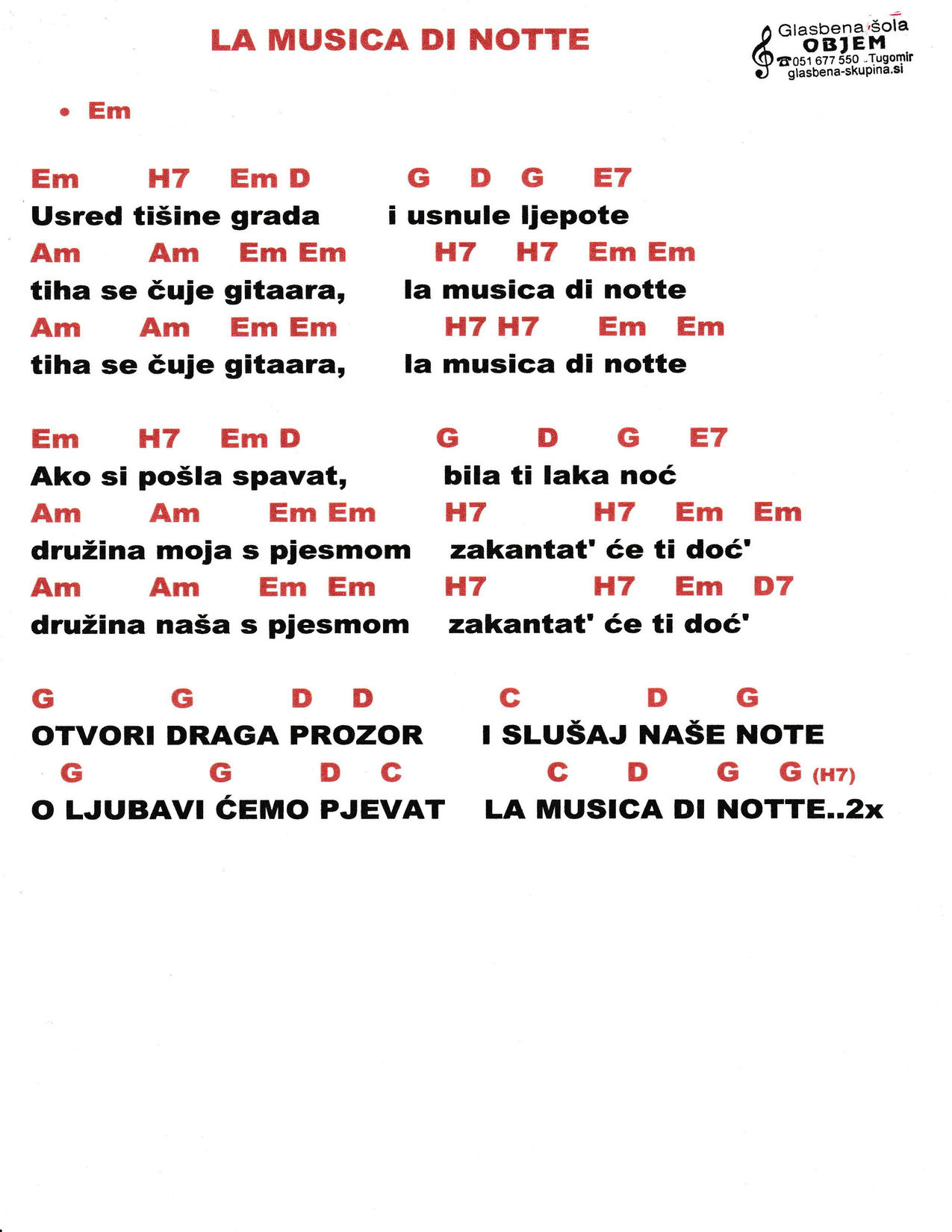 LA MUSICA DI NOTTE (Nočna muzika) – Dubrovački Trubaduri akordi in besedilo