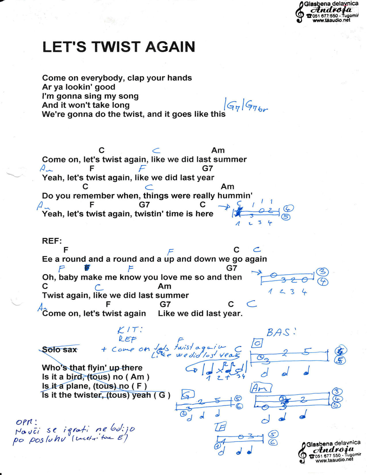 LET'S TWIST AGAIN (C dur) – Chubby Checker akordi in besedilo