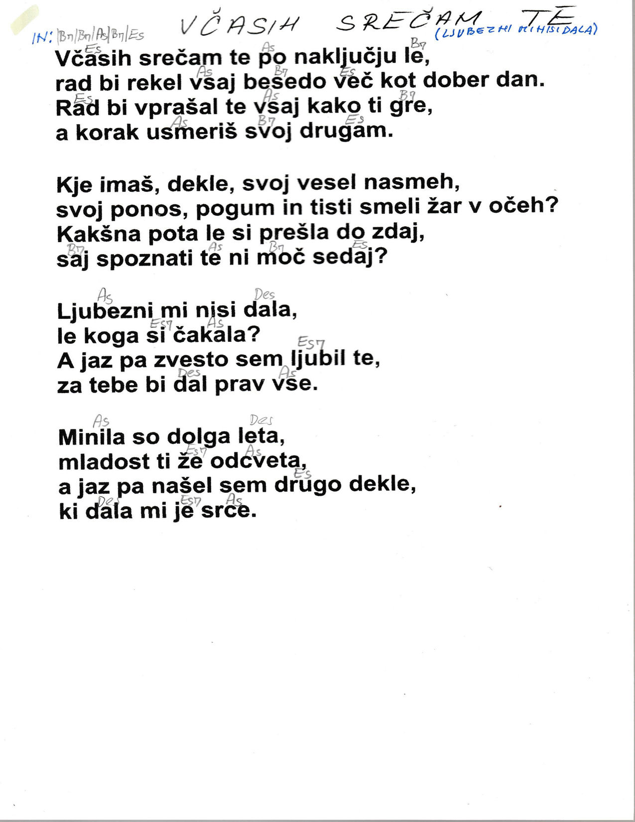 LJUBEZEN MI NISI DALA – Fantje z vseh vetrov akordi in besedilo