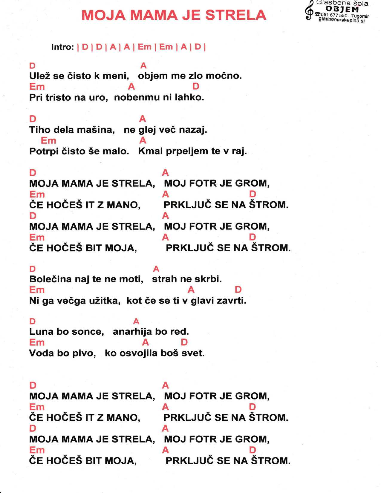 MOJA MAMA JE STRELA – Sokoli akordi in besedilo