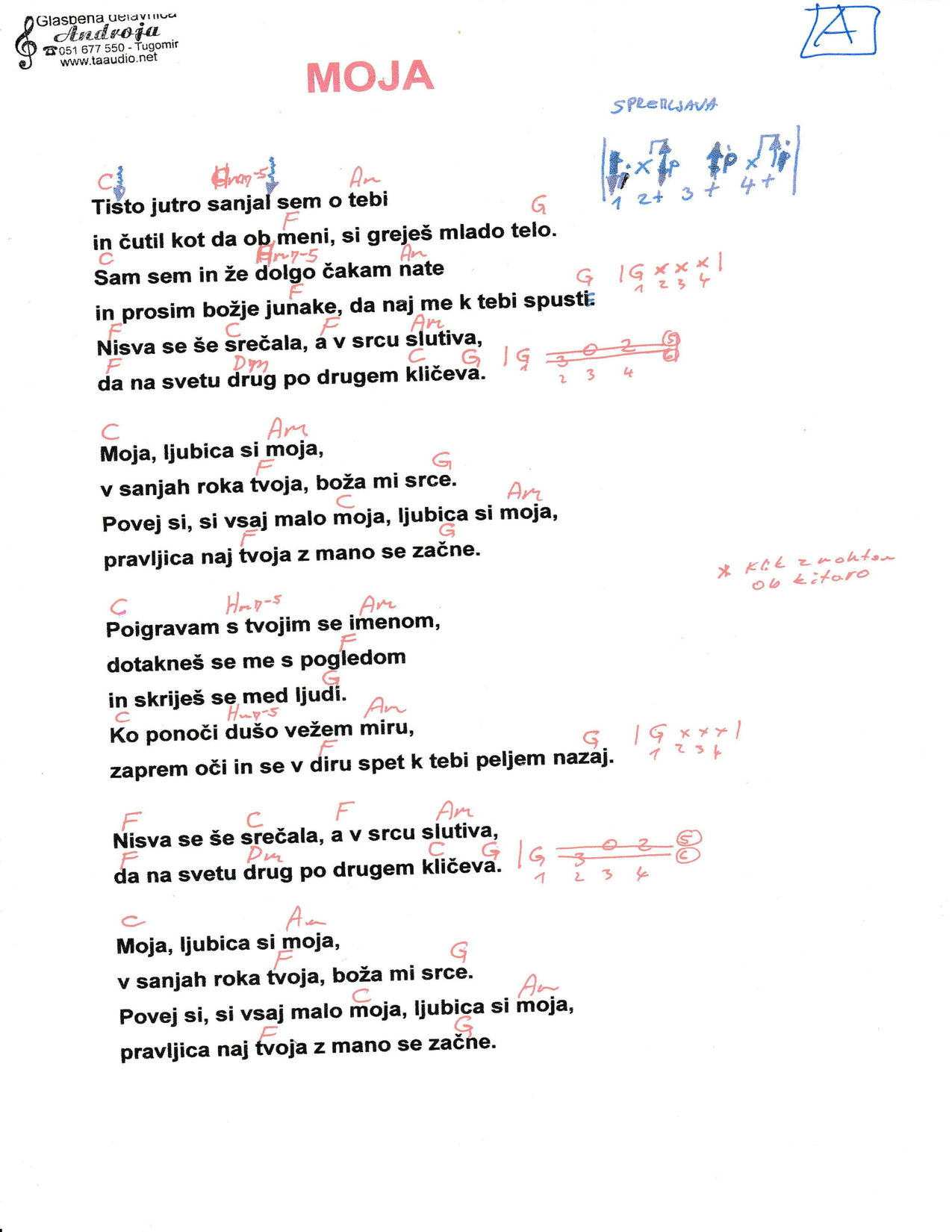 Moja – Modrijani akordi in besedilo