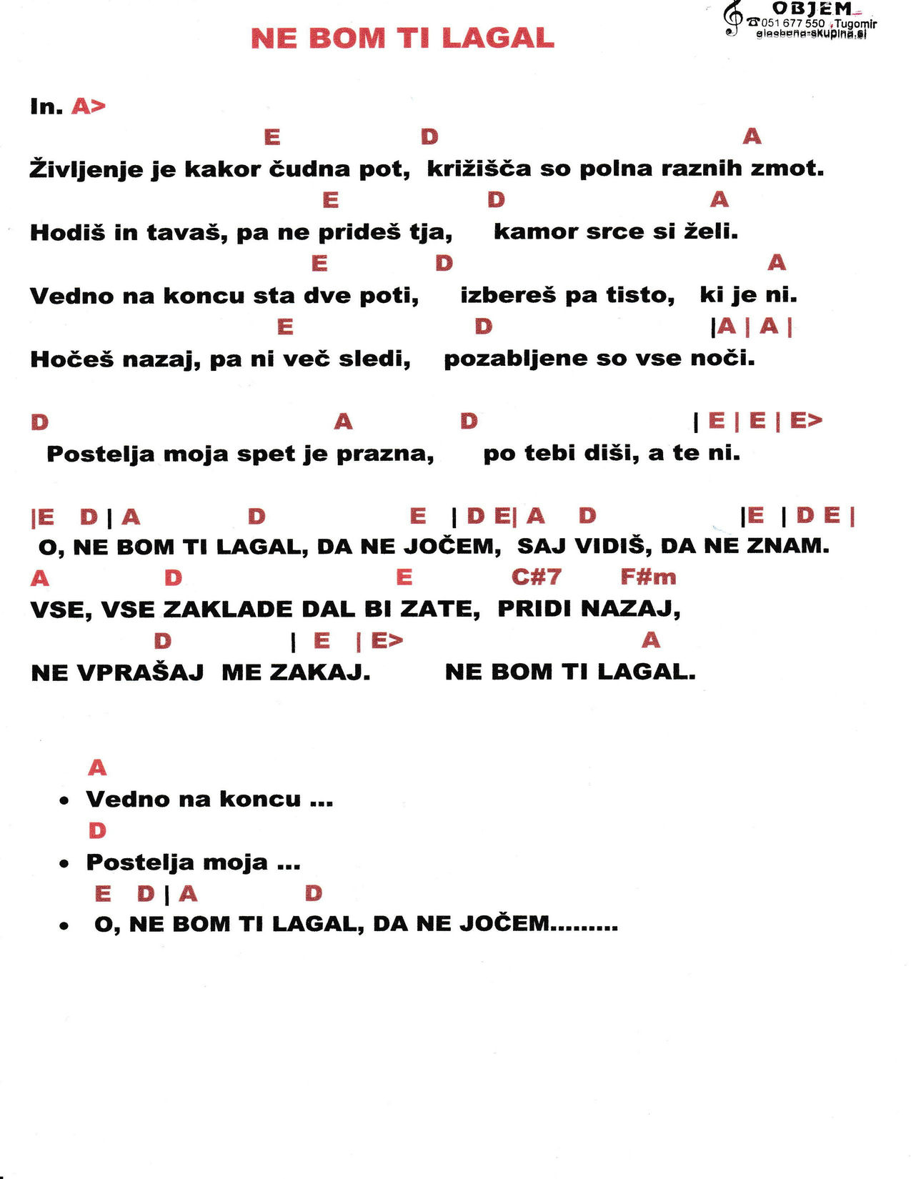 Ne bom ti lagal – Pop Design akordi in besedilo