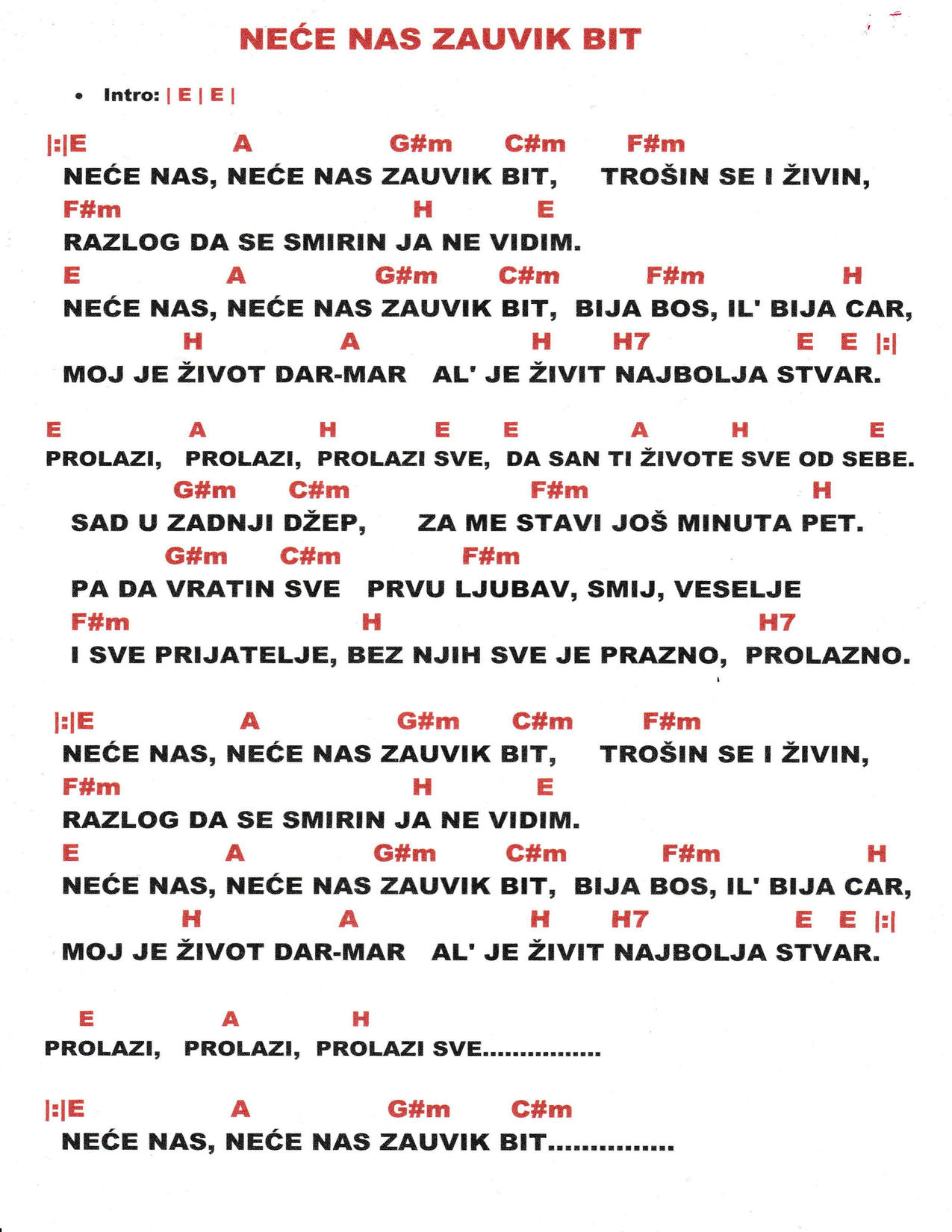 NEĆE NAS ZAUVIK BIT (E dur) – Petar Grašo akordi in besedilo