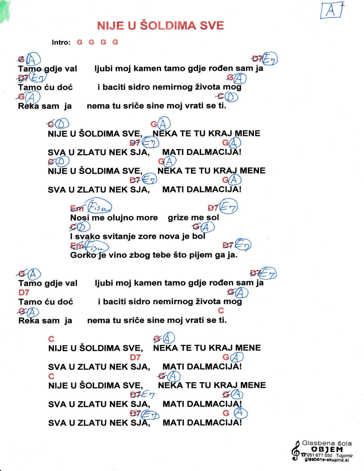 NIJE U ŠOLDIMA SVE (A dur) – Mladen Grdovič & bepo Matešić akordi in besedilo