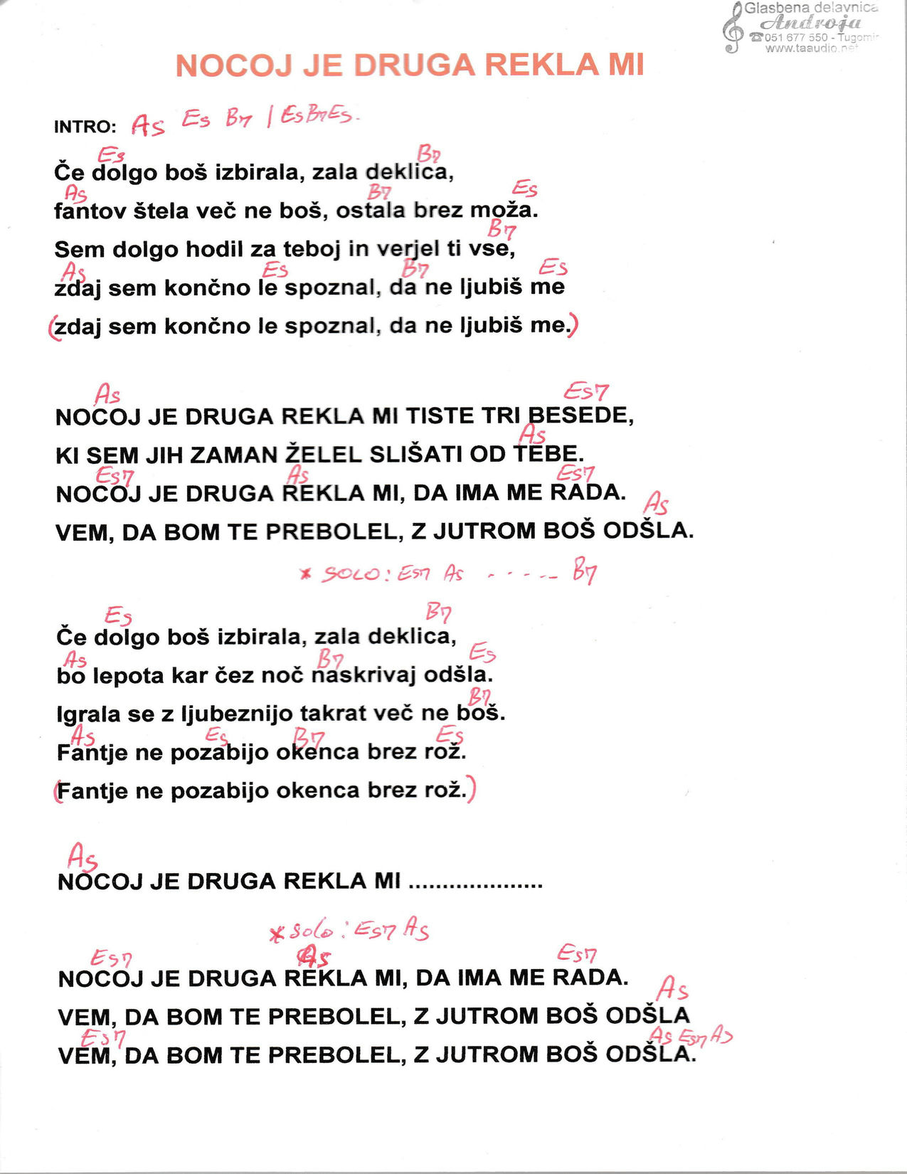 NOCOJ JE DRUGA REKLA MI – Mladi dolenci akordi in besedilo