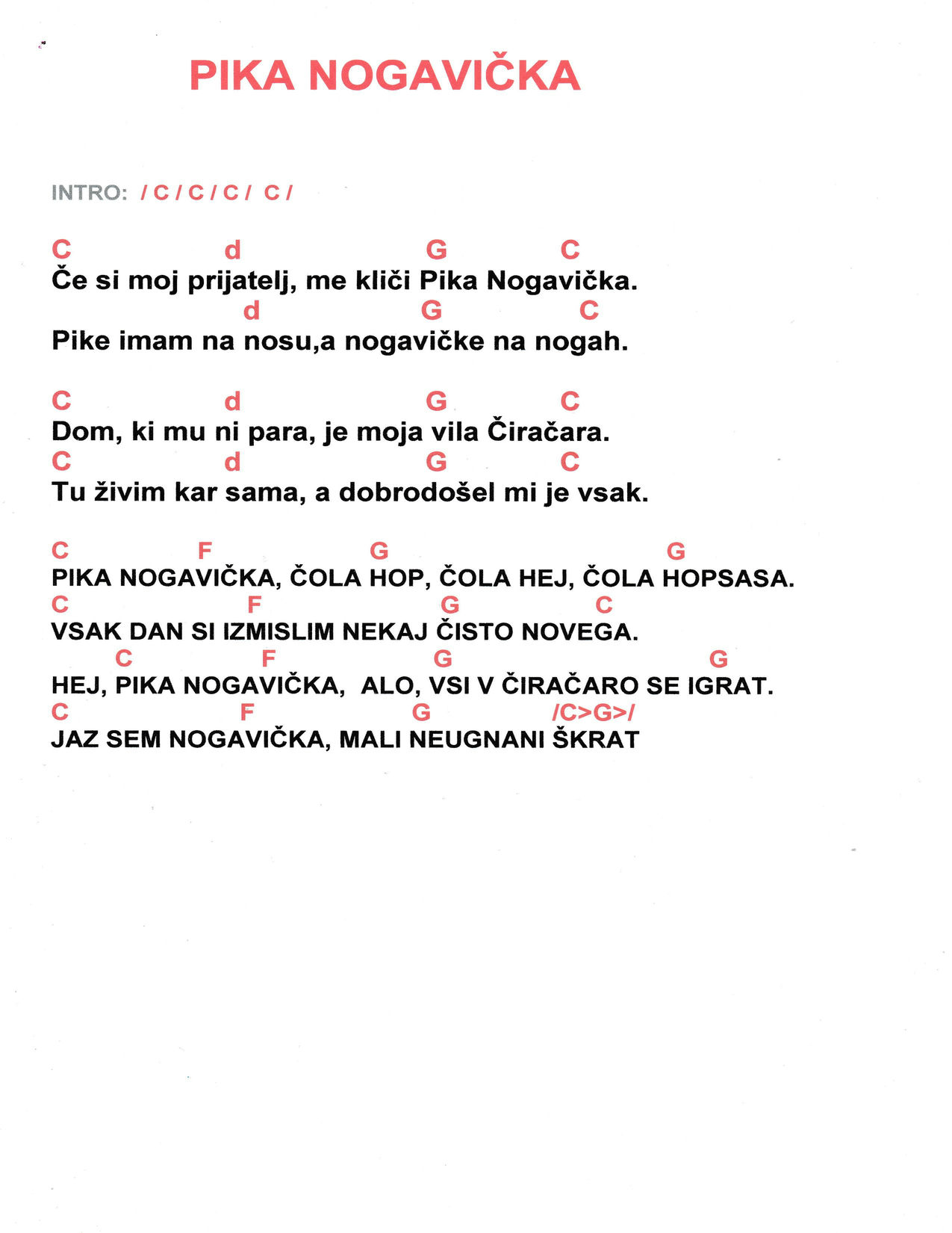 Pika nogavička – Objem akordi in besedilo