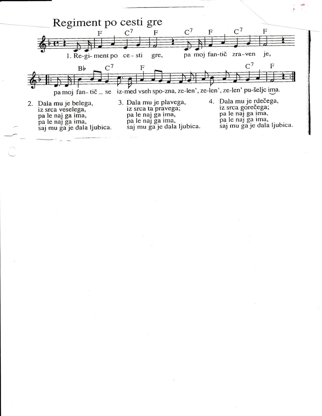 REGIMENT PO CESTI GRE – Ljudska akordi in besedilo