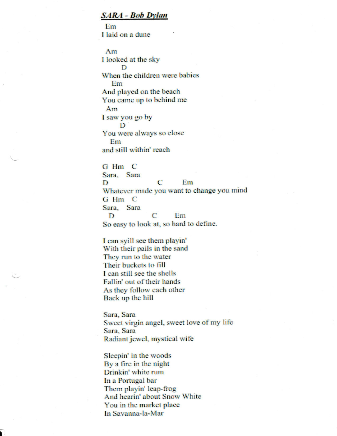 SARA – Bob Dylan akordi in besedilo