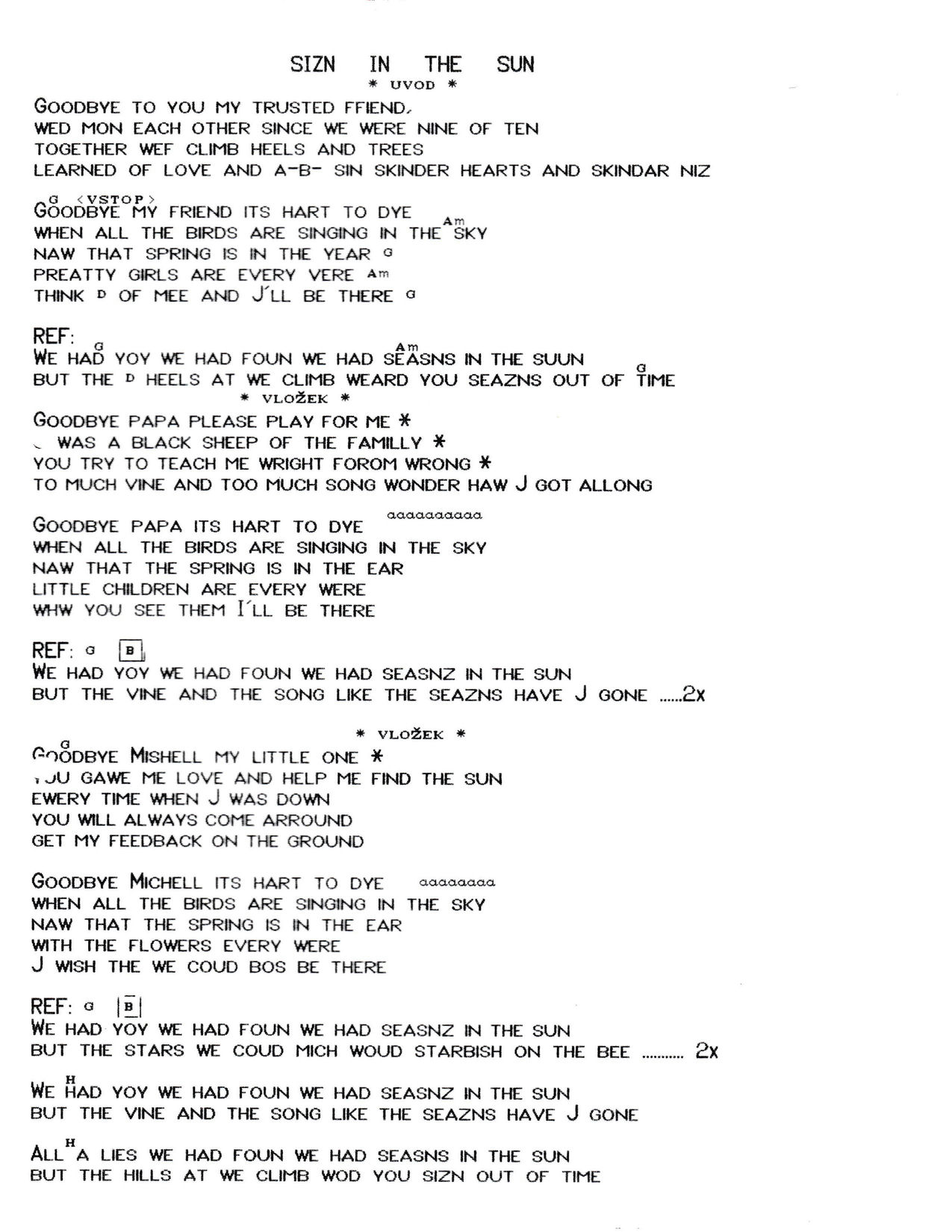 SEASONS IN THE SUN – Terry Jacks akordi in besedilo