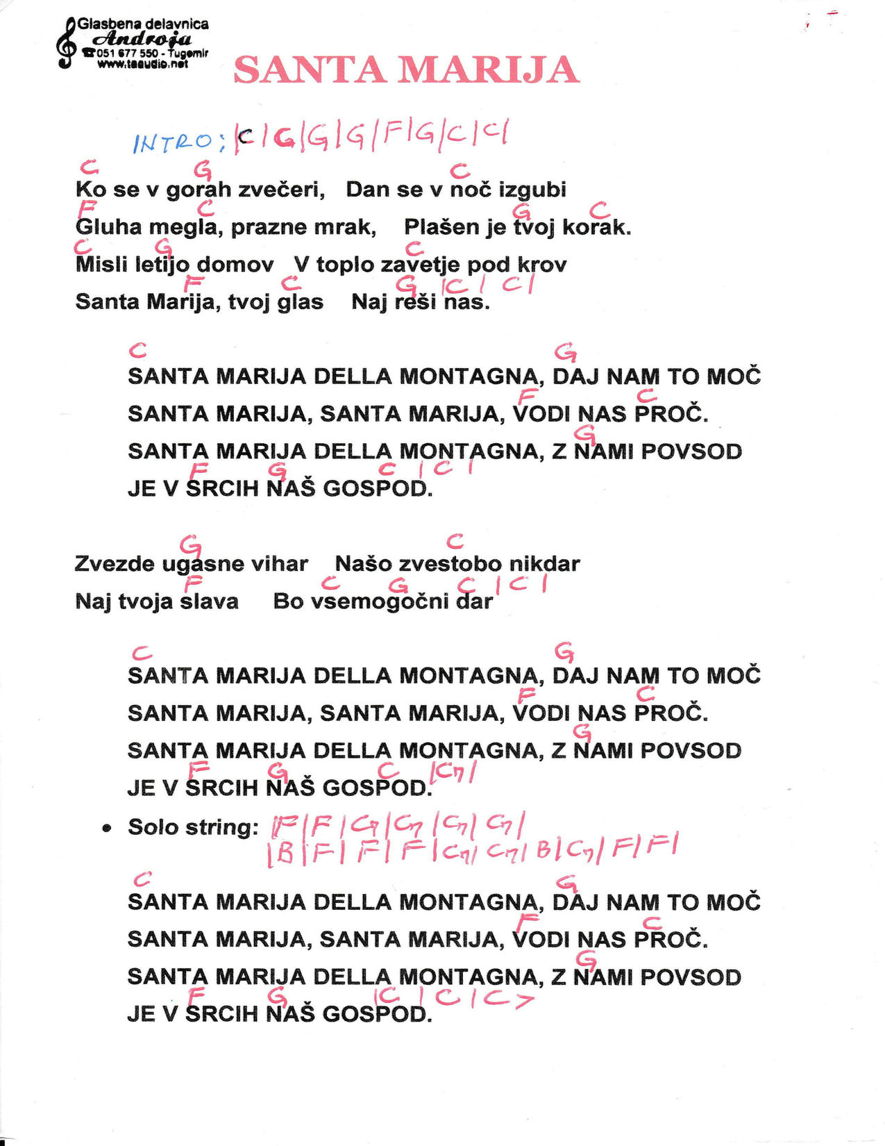 SNTA MARIJA – Irena Vrčkovnik akordi in besedilo