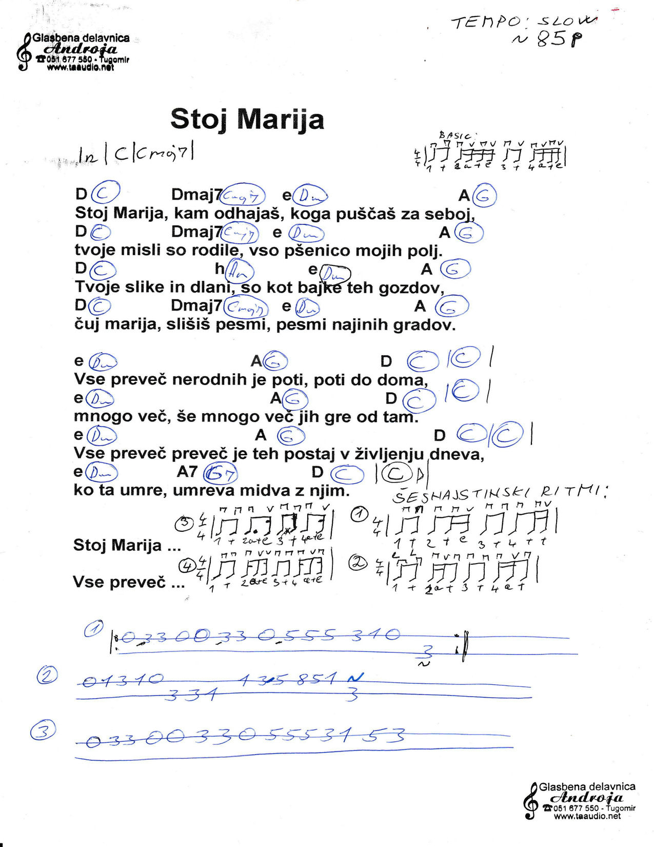 STOJ MARIJA – Andrej Šifrer akordi in besedilo