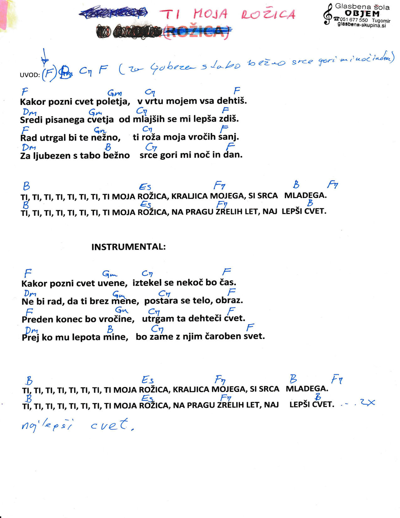 TI MOJA ROŽICA – Modrijani akordi in besedilo