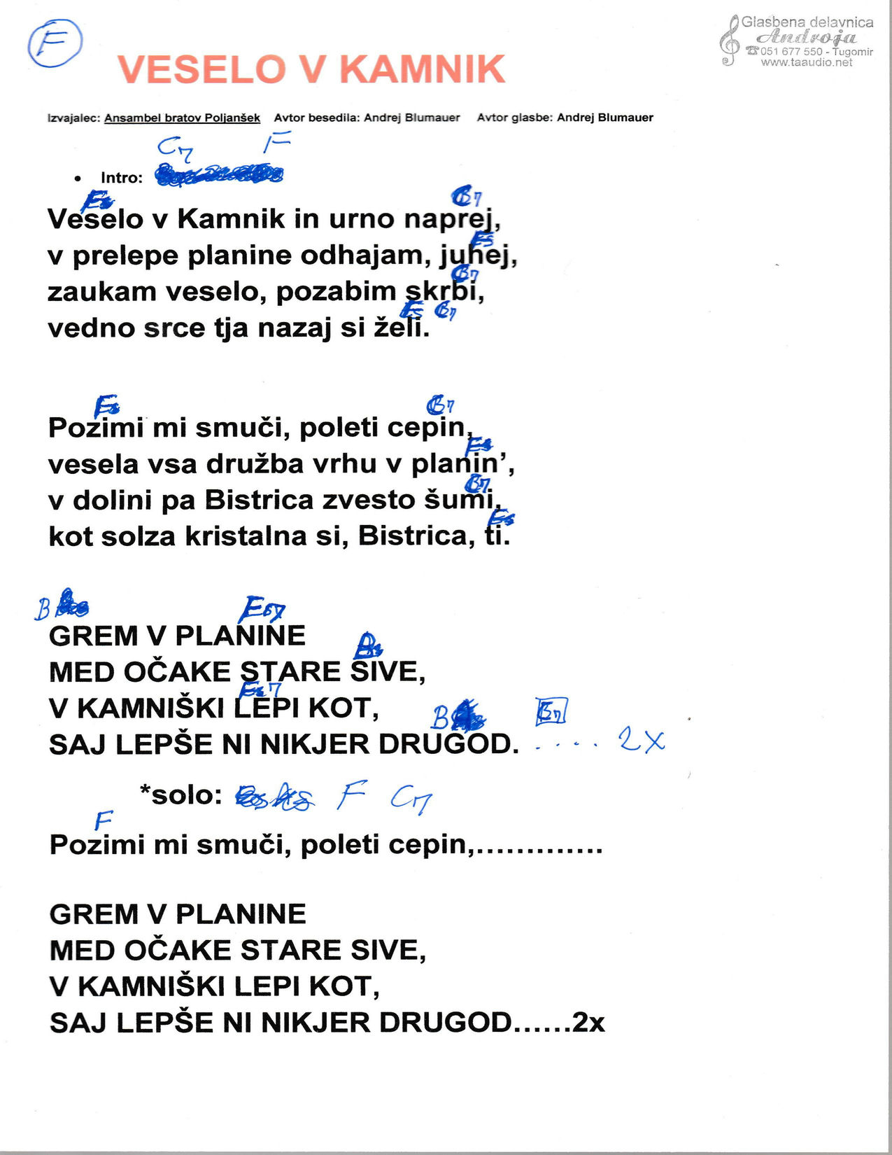 VESELO V KAMNIK – Ansambel Bratov Poljanšek akordi in besedilo