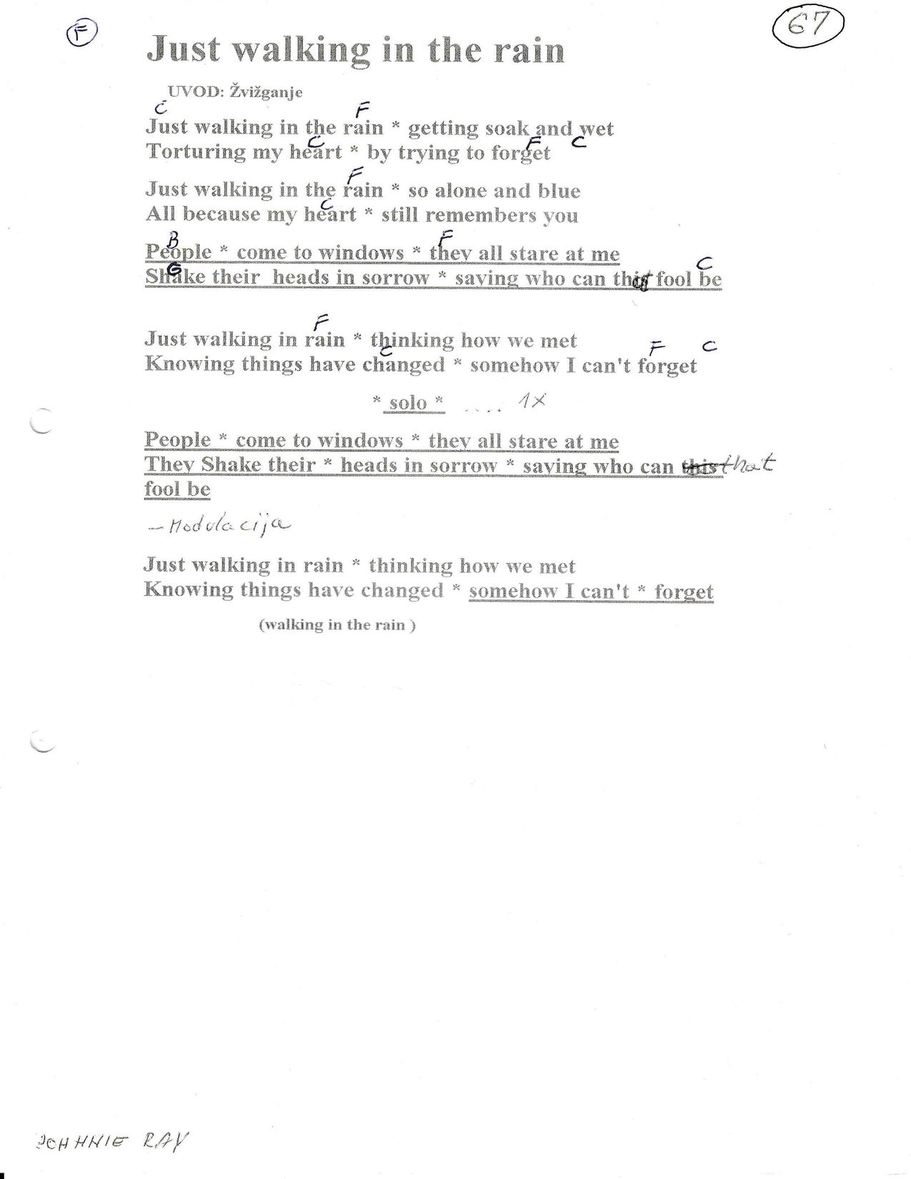 WALKING IN THE RAIN – Johnnie Ray akordi in besedilo