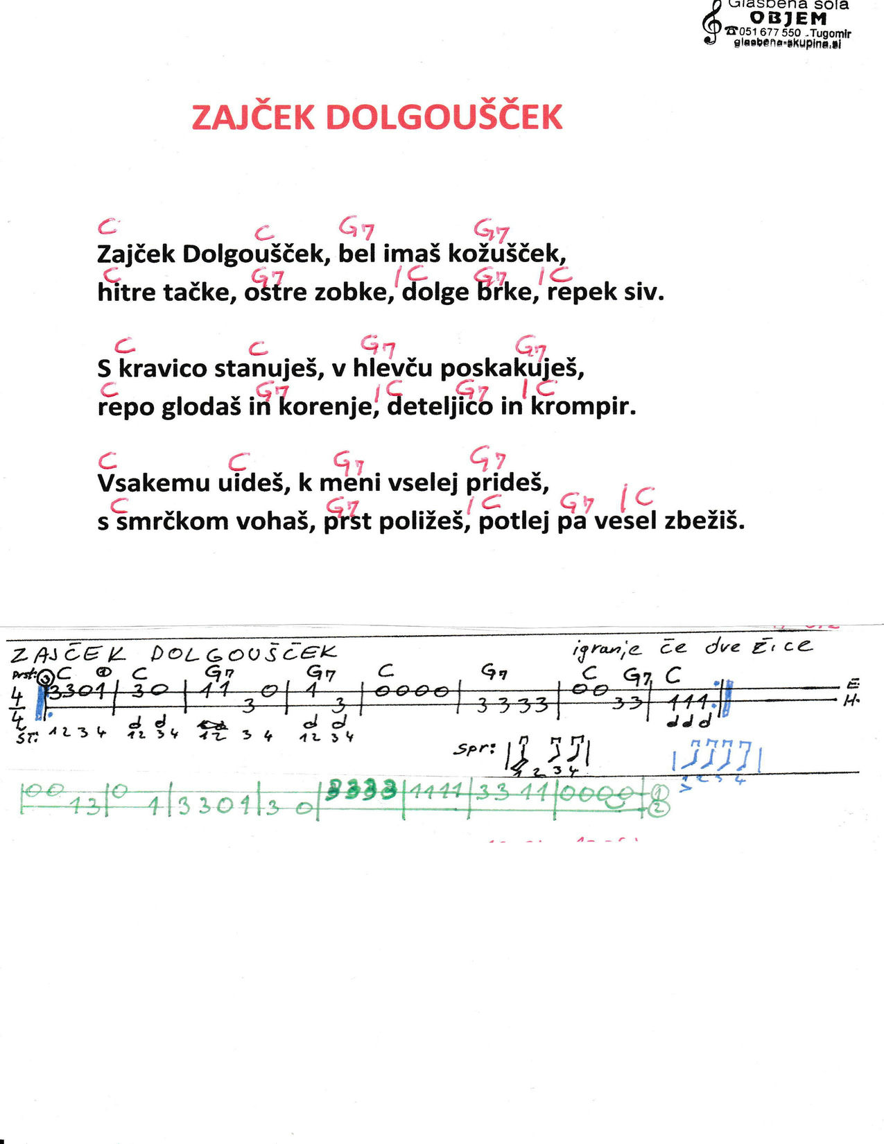 Zajček dolgoušček – Objem akordi in besedilo